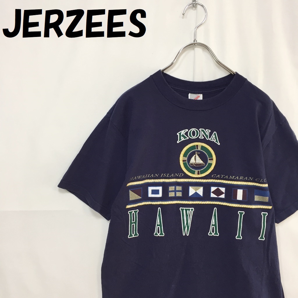 【人気】JERZEES/ジャージーズ USA製 半袖Tシャツ ロゴプリント ネイビー サイズM/S2064_画像1