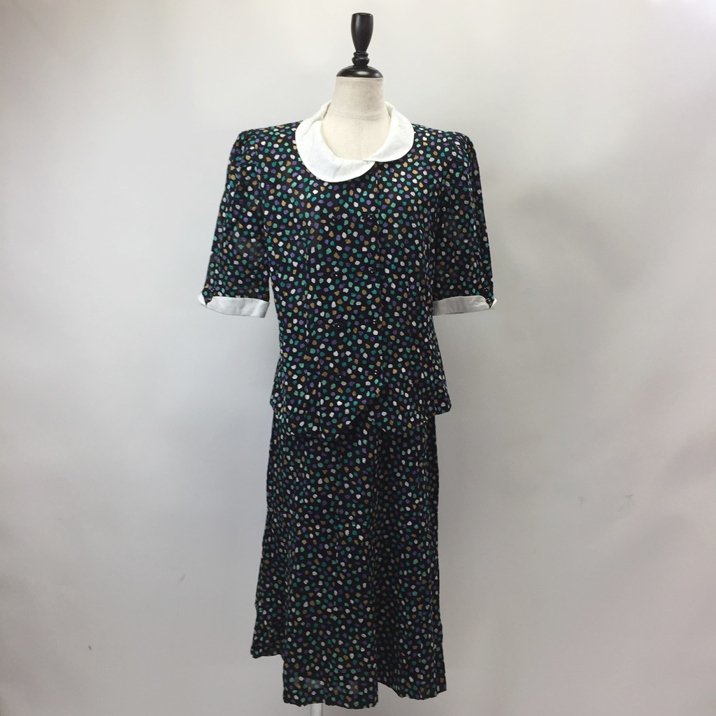 [ popular ]LEILIAN/ Leilian total pattern short sleeves shirt skirt setup shoulder pad attaching black size 11/S2612