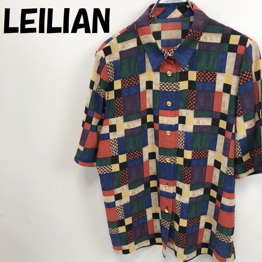 【人気】LEILIAN/レリアン 総柄 半袖 シャツ 金ボタン 柄シャツ マルチカラー サイズ11 レディース/S2224_画像1