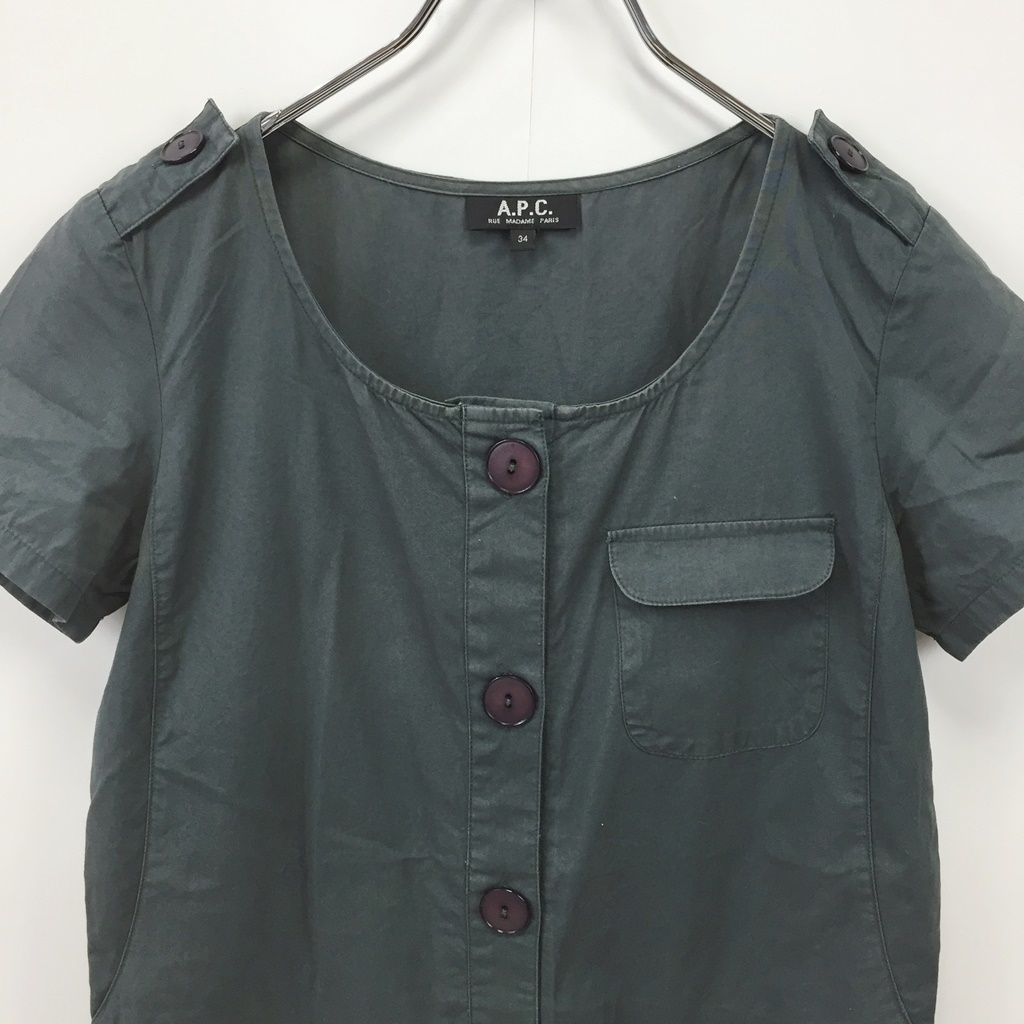 [ популярный ]A.P.C./a-*pe-*se- no color рубашка One-piece короткий рукав туника хлопок 100% хаки размер 34 женский /S2384