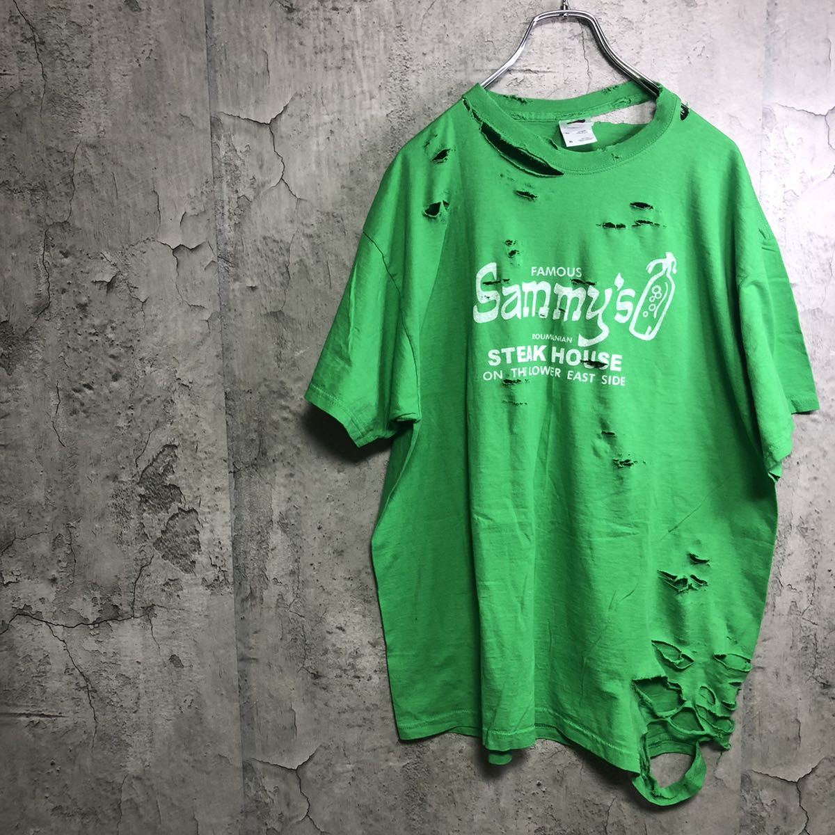 【ボロボロ】vintage ボロボロTシャツ　Green 古着　ダメージ　加工USA製 半袖Tシャツ