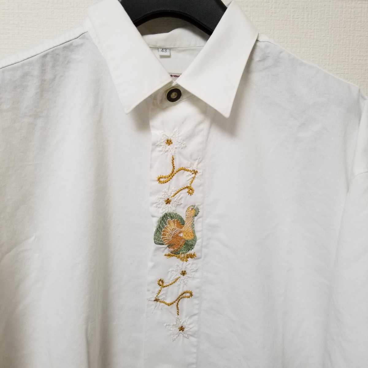 ヨーロッパ古着 ALPENLAND チロリアン シャツ 半袖 白 ホワイト 刺繍 