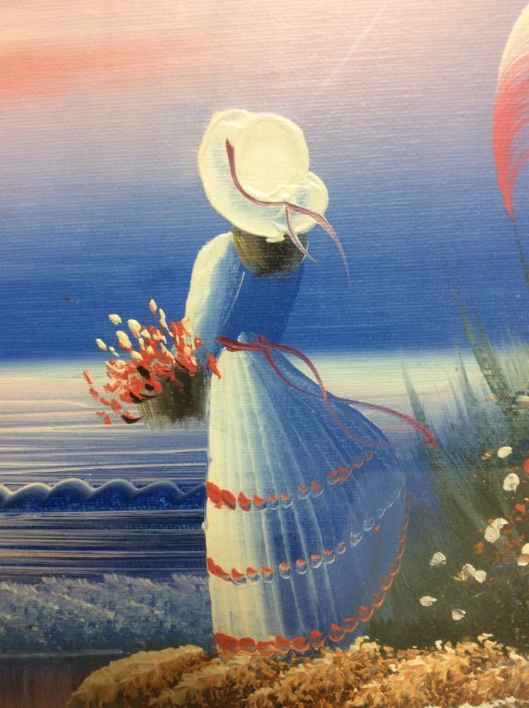 QM4118 油絵 油彩 絵画 海辺の夕日と少女の画像5