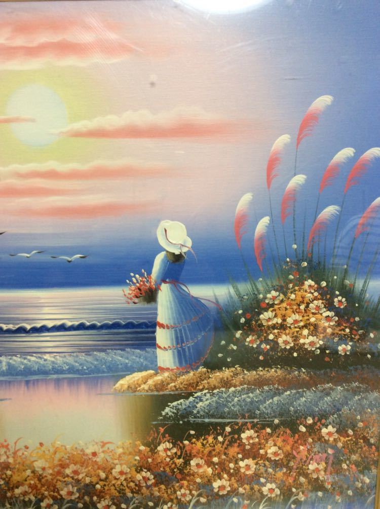 QM4118 油絵 油彩 絵画 海辺の夕日と少女の画像2