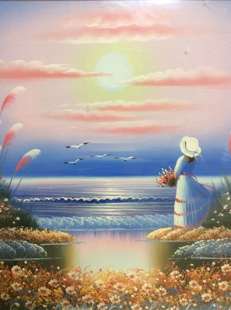 QM4118 油絵 油彩 絵画 海辺の夕日と少女の画像3
