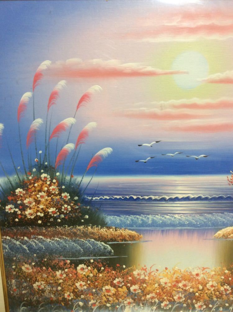 QM4118 油絵 油彩 絵画 海辺の夕日と少女の画像4