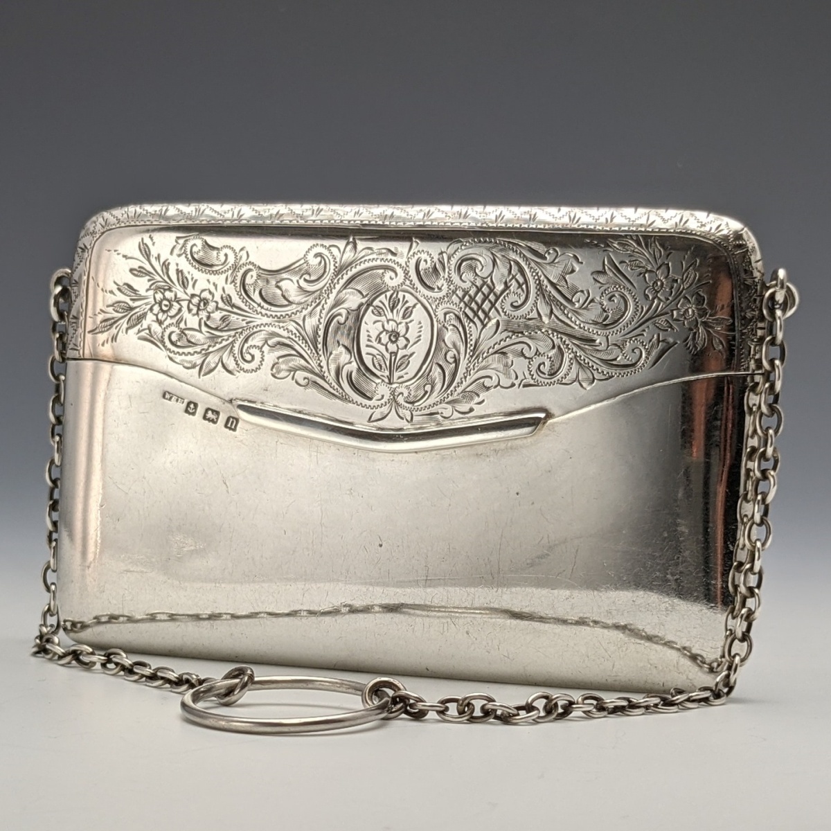 1912年 英国アンティーク 純銀製 チェーン付 カードケース 88g W H Haseler 装身具