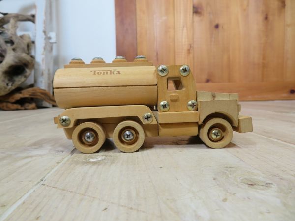 [USED/ Vintage ]Tonka/ ton ka wooden craft car tank lorry for searching = Showa Retro / antique / minicar / work car / rare /B0829