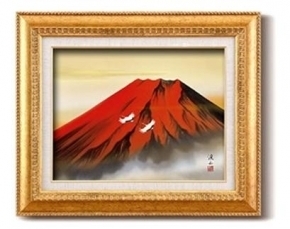 ●【送料無料】運気が上がる！伊藤渓山 日本画額F6金 「赤富士」●