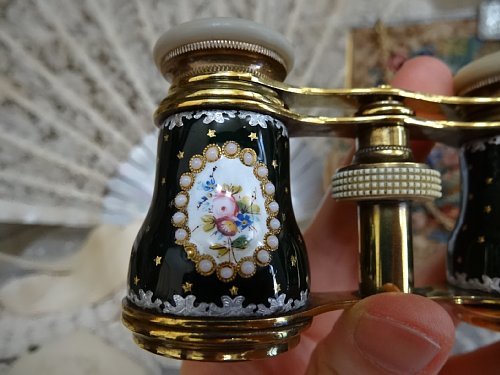 Grace antique France 19 century half . from after half dark navy. enamel . hand ... flower ., gold silver fo il & Jules equipment ornament. opera glasses 