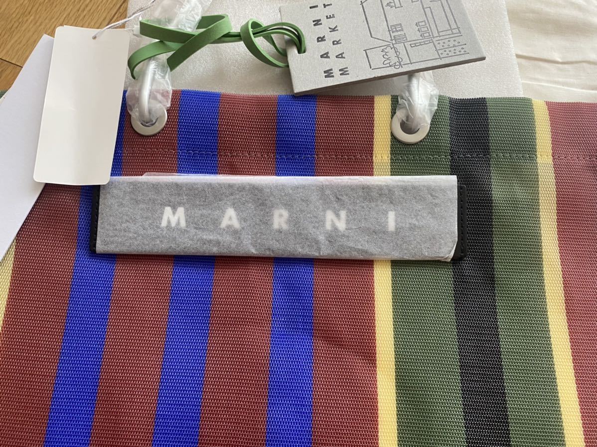 ★新品未使用　MARNI マルニ ストライプバッグ モスグリーン/F フラワーカフェ　トートバッグ　マルニフラワーカフェ 新色