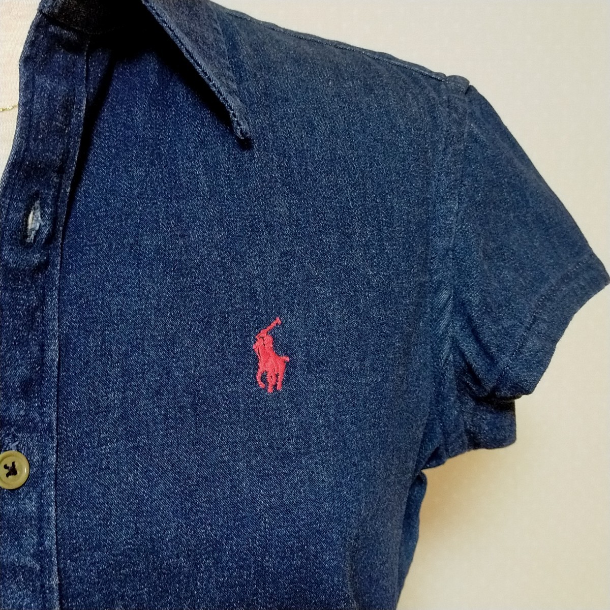 ポロスポーツ　ラルフローレン　デニムシャツ　半袖　ストレッチ　インディゴブルー　 ワンポイント　 RALPH LAUREN　 刺繍