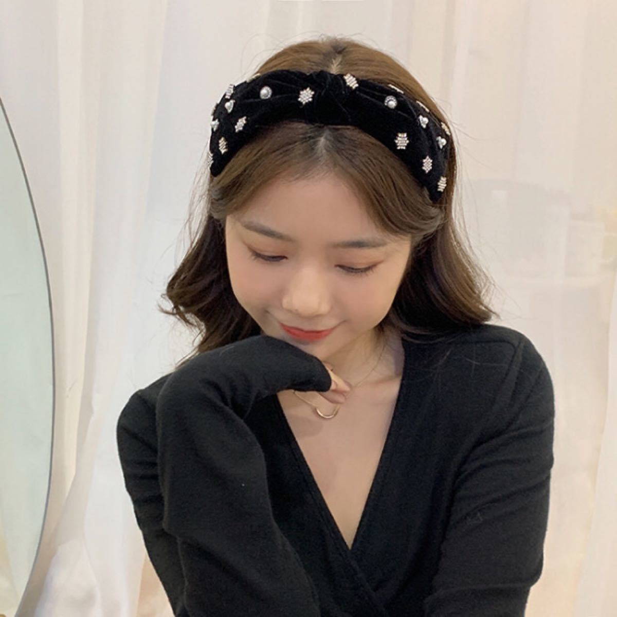 ブラック 黒 ベルベット リボン カチューシャ BLACKPINK ジェニ