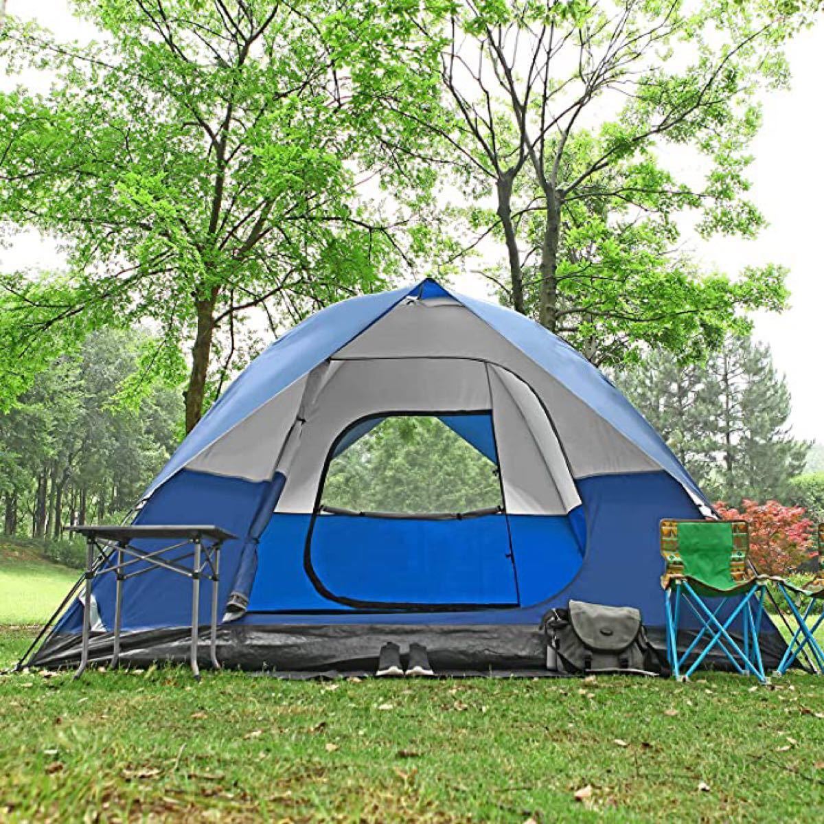 ★大特価★新品★テント アウトドア用 自立式 二重層 コンパクトハイキング 4人用テント ブルー 青 ワンタッチテント