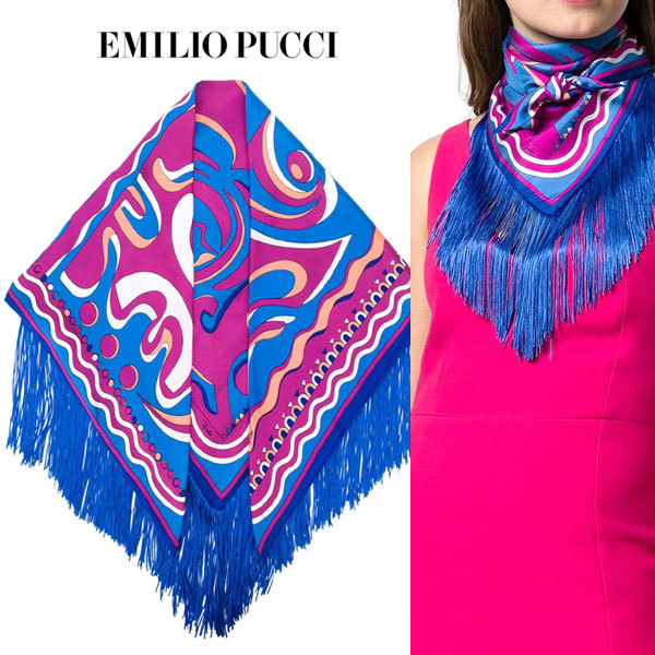 エミリオプッチ■新品　ロングフリンジ　三角シルクスカーフ　ショール　ブルー ×パープル　EMILIO PUCCI_画像1