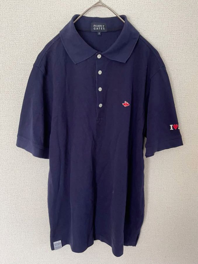 美品 PEARLY GATES 卸売り パーリーゲイツ 半袖ゴルフシャツ 5号 一番の ネイビー×ピンク 日本製 刺繍ロゴ メンズ Lサイズ相当