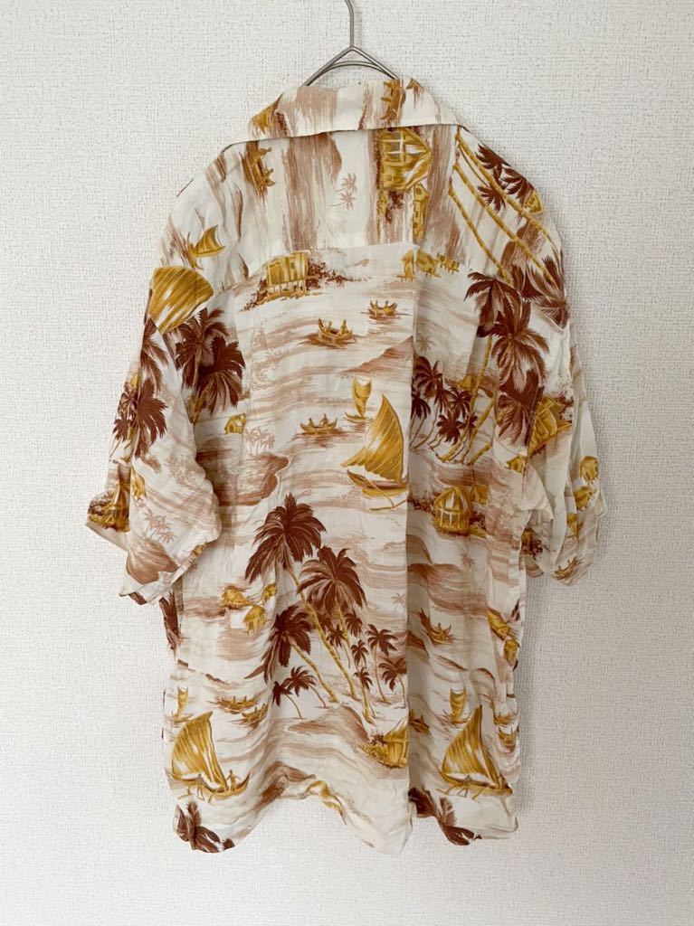 【良品】 レーヨン100% 半袖アロハシャツ ハワイアンシャツ メンズ Mサイズ 椰子の木 南国 ジャワ島の画像2