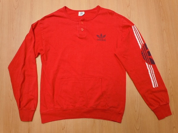 редкость *80s Vintage *USA производства Adidas long T M* застежка с планкой с карманом б/у одежда футболка с длинным рукавом * красный красный *b