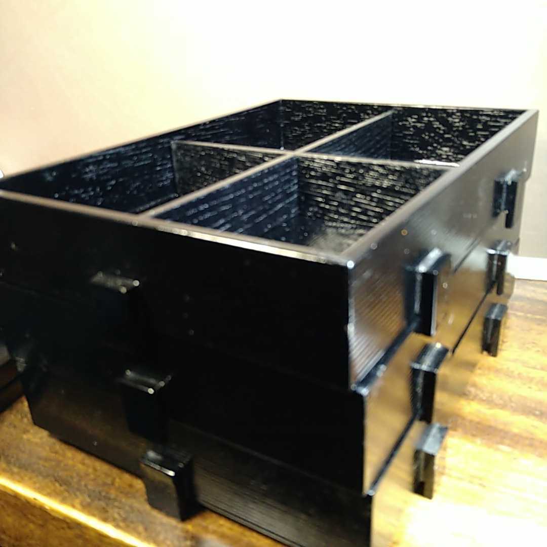 5月　黒塗　筋目　茶懐石　鎧櫃（よろいびつ）型弁当箱３個　蓋付　仕切板付　菓子器_画像6