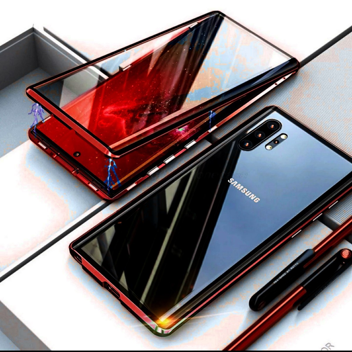 GALAXY NOTE10+ 赤/赤 両面ガラス アルミフレー厶フルカバーケース 携帯ケース スマホカバー