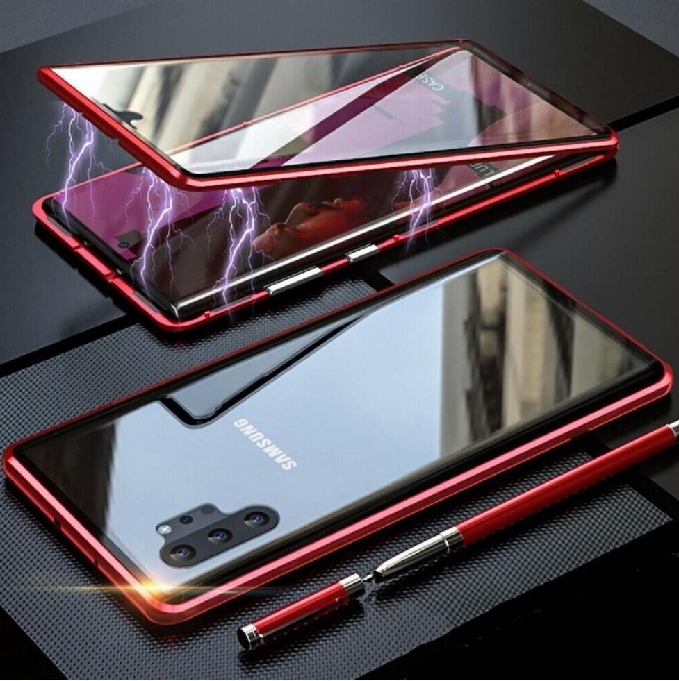 GALAXY NOTE10+ 赤/赤 両面ガラス アルミフレー厶フルカバーケース 携帯ケース スマホカバー
