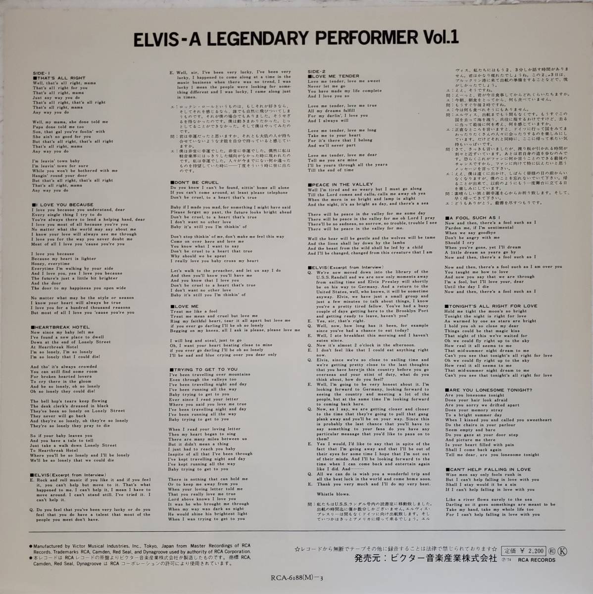 良盤屋 P-2191◆LP◆海外盤US Rock；CPL1-0341　エルヴィス・プレスリー　Elvis A Legendary Performer - Volume 1　送料480_画像6