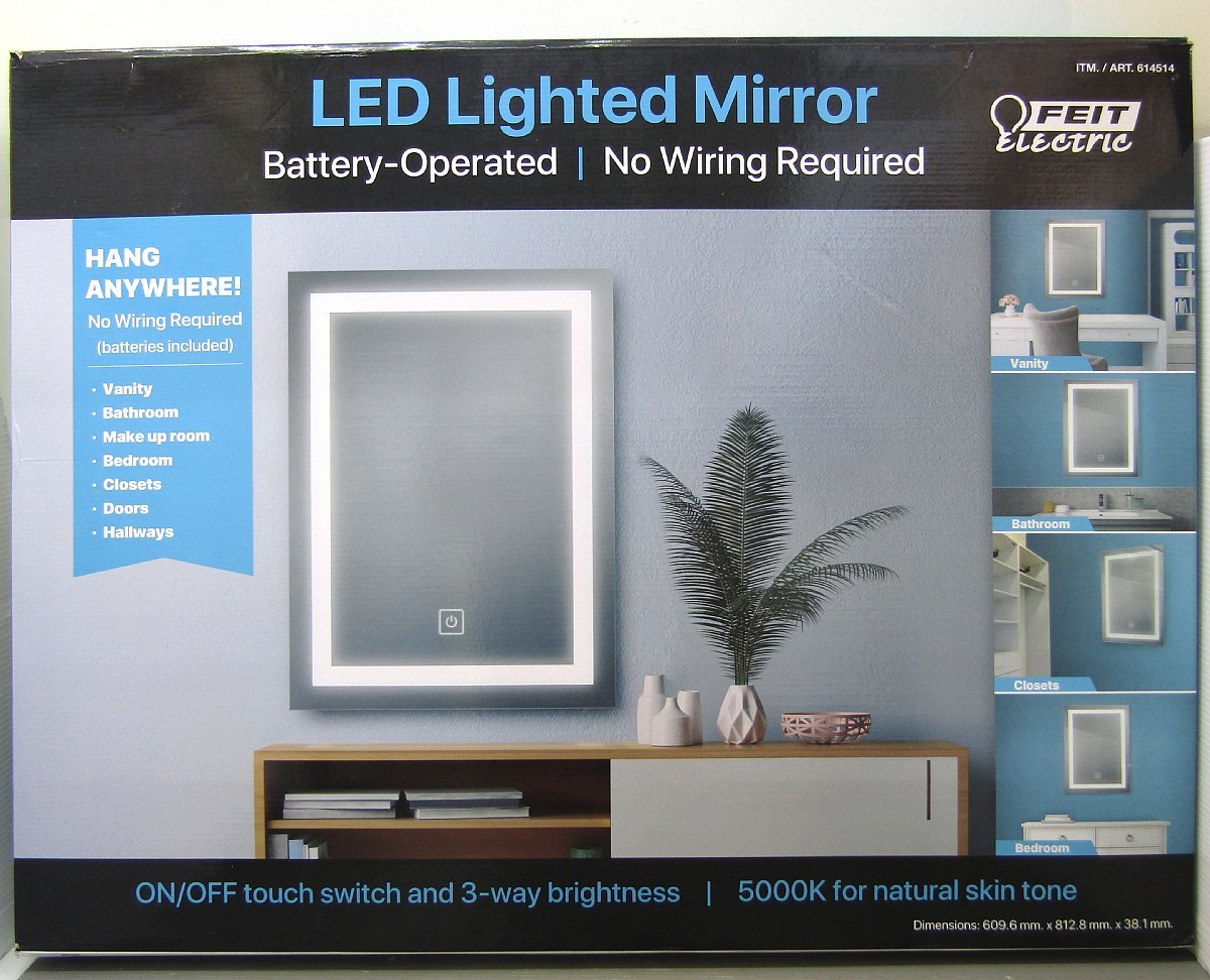 送料込み FEIT LED照明付 ミラー MODEL：72094 約80×60㎝ 縦横可 壁掛け 電池式 鏡