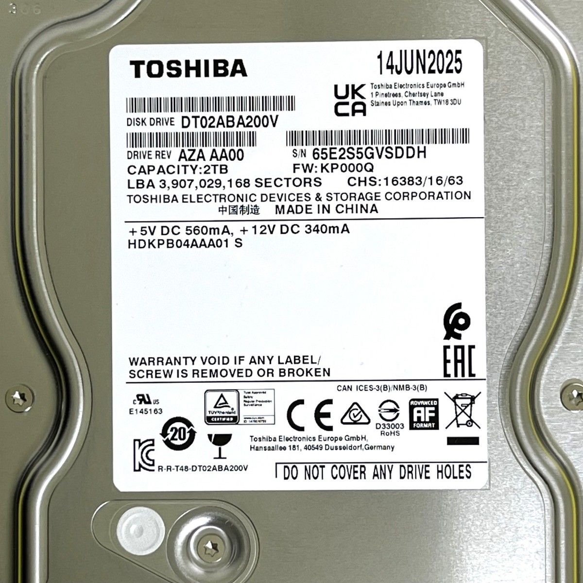 ★ 2TB ★TOSHIBA / DT02ABA200V【使用時間：2352ｈ】2025年製　良品　3.5インチ内蔵　AVコマンド