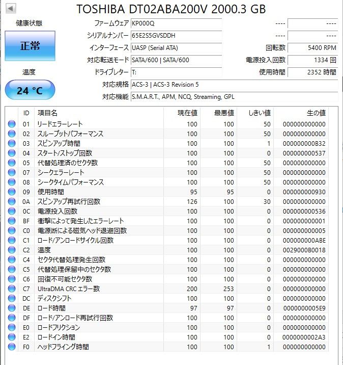 ★ 2TB ★TOSHIBA / DT02ABA200V【使用時間：2352ｈ】2025年製　良品　3.5インチ内蔵　AVコマンド