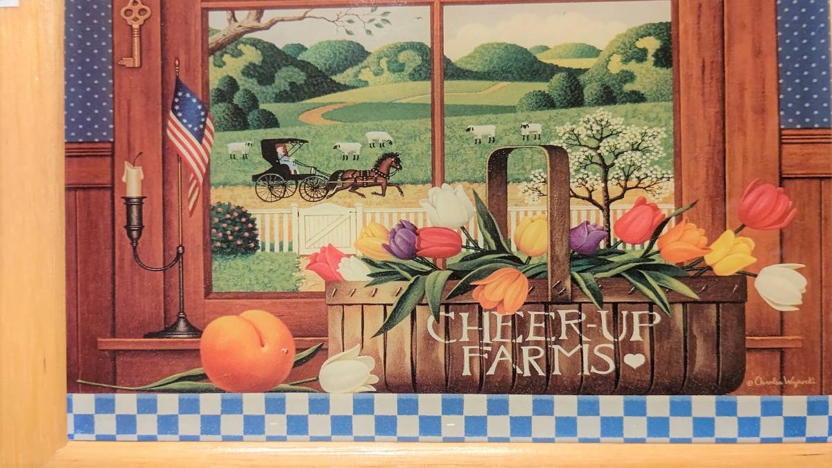 Q アメリカ製 georgina's country creations 風景画 ウォールアート 鍵かけ（24cm×20㎝×3㎝）窓辺のバスケットに花、外にひつじ_画像3