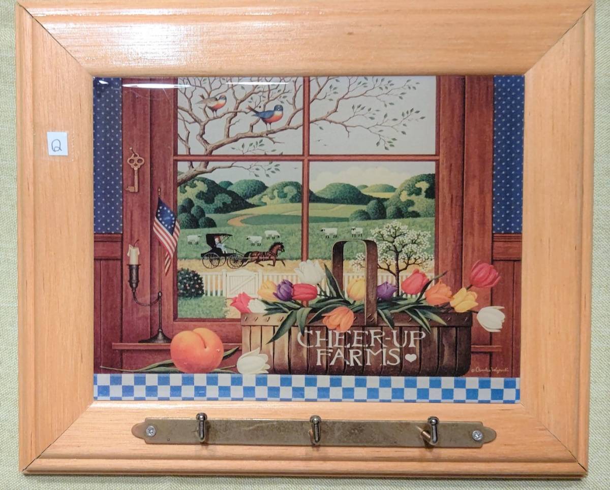 Q アメリカ製 georgina's country creations 風景画 ウォールアート 鍵かけ（24cm×20㎝×3㎝）窓辺のバスケットに花、外にひつじ_画像1