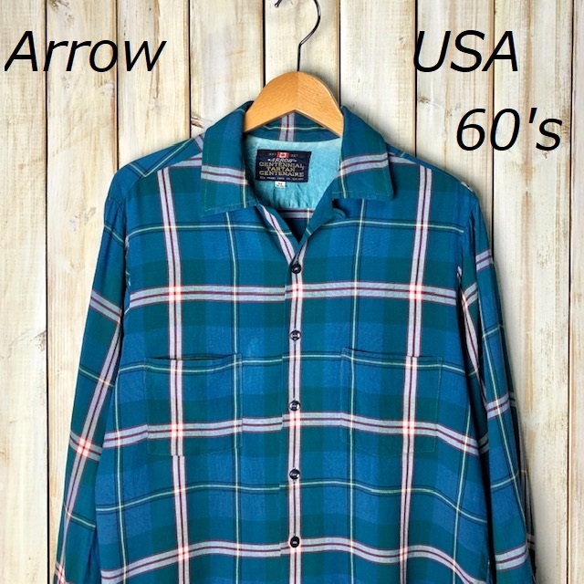 USA古着 60s ARROW チェック柄 レーヨンギャバシャツ M～L 青緑 オールド ヴィンテージ アメリカ古着 アロー ギャバジン 開襟襟  ●153