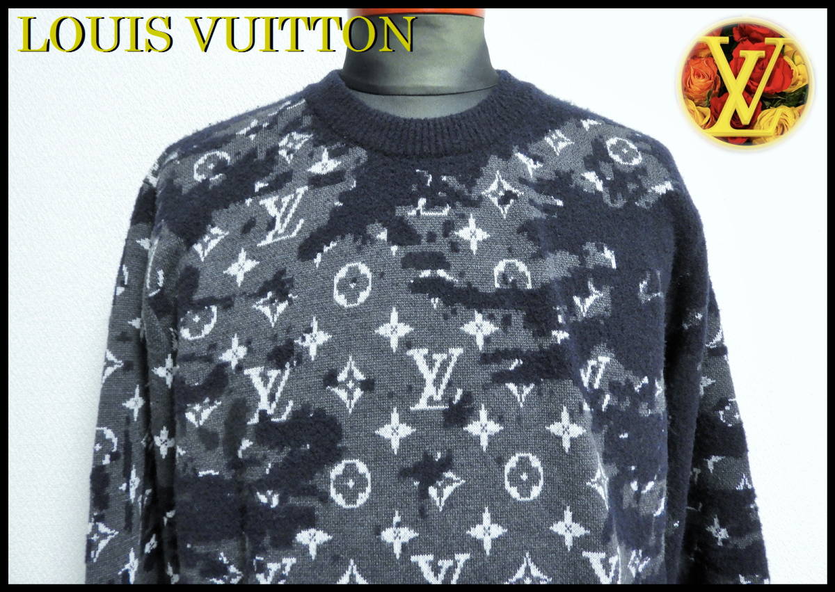 国内正規品 LOUIS VUITTON ディストレスト モノグラム ニット セーター ウール S ルイヴィトン ネイビー ブラック 完売品 ジャケット LV_画像3