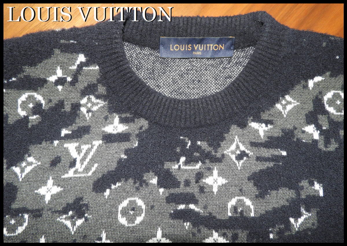 国内正規品 LOUIS VUITTON ディストレスト モノグラム ニット セーター ウール S ルイヴィトン ネイビー ブラック 完売品 ジャケット LV_画像5
