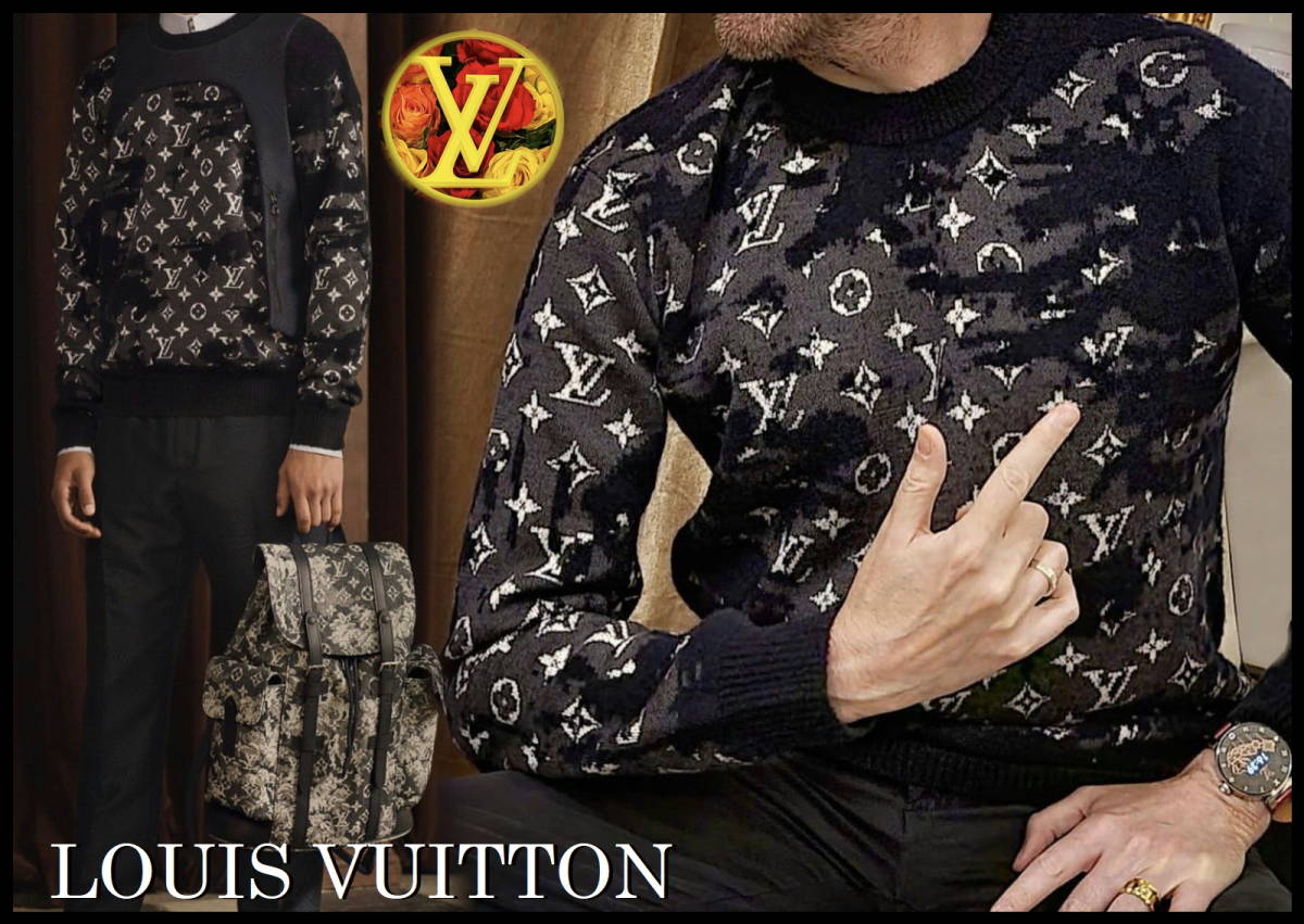 国内正規品 LOUIS VUITTON ディストレスト モノグラム ニット セーター ウール S ルイヴィトン ネイビー ブラック 完売品 ジャケット LV_画像10