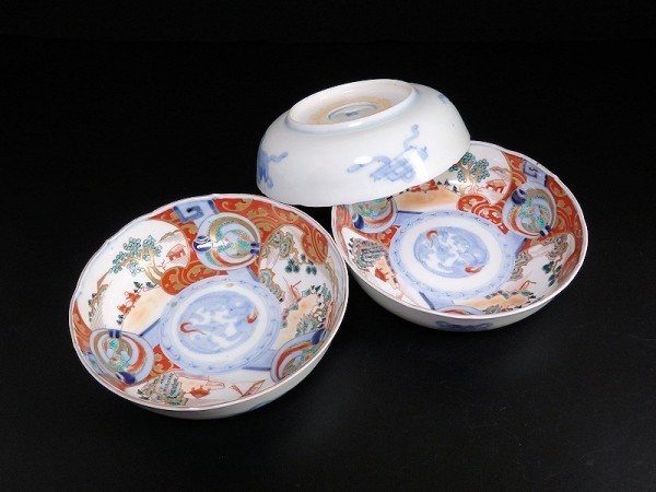 Ybhj-D761m 古伊万里 金襴手 熨斗に宝珠 山水の図膾皿 3客 色絵 Ybhj-D761m 古伊万里 金襴手 熨斗に宝珠 山水の図膾皿 3客 色絵