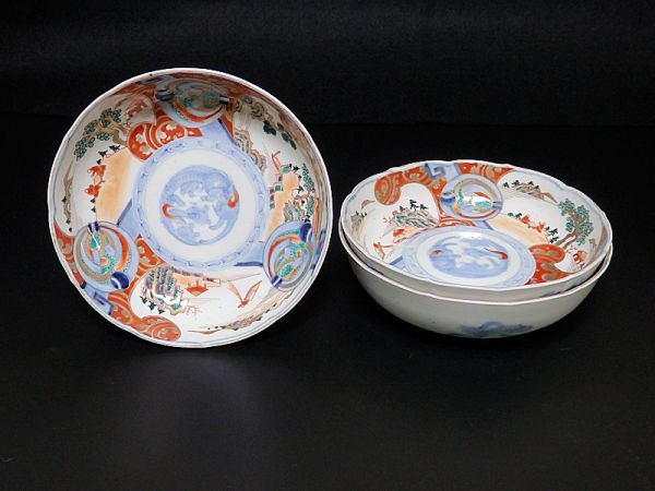 Ybhj-D761m 古伊万里 金襴手 熨斗に宝珠 山水の図膾皿 3客 Ybhj-D761m 古伊万里 金襴手 熨斗に宝珠 山水の図膾皿 3客