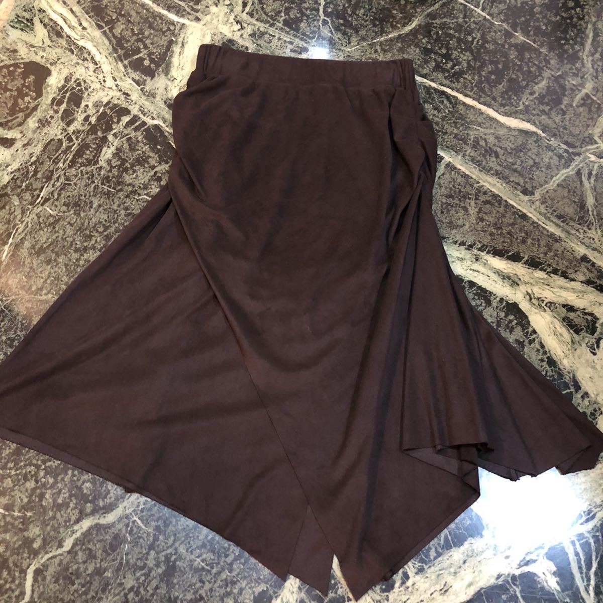 【美品】mimily★ミミリィー デザインスカート フレアースカート Sサイズ~Mサイズ相当 ブラウン 茶色 ウエストゴム_画像3
