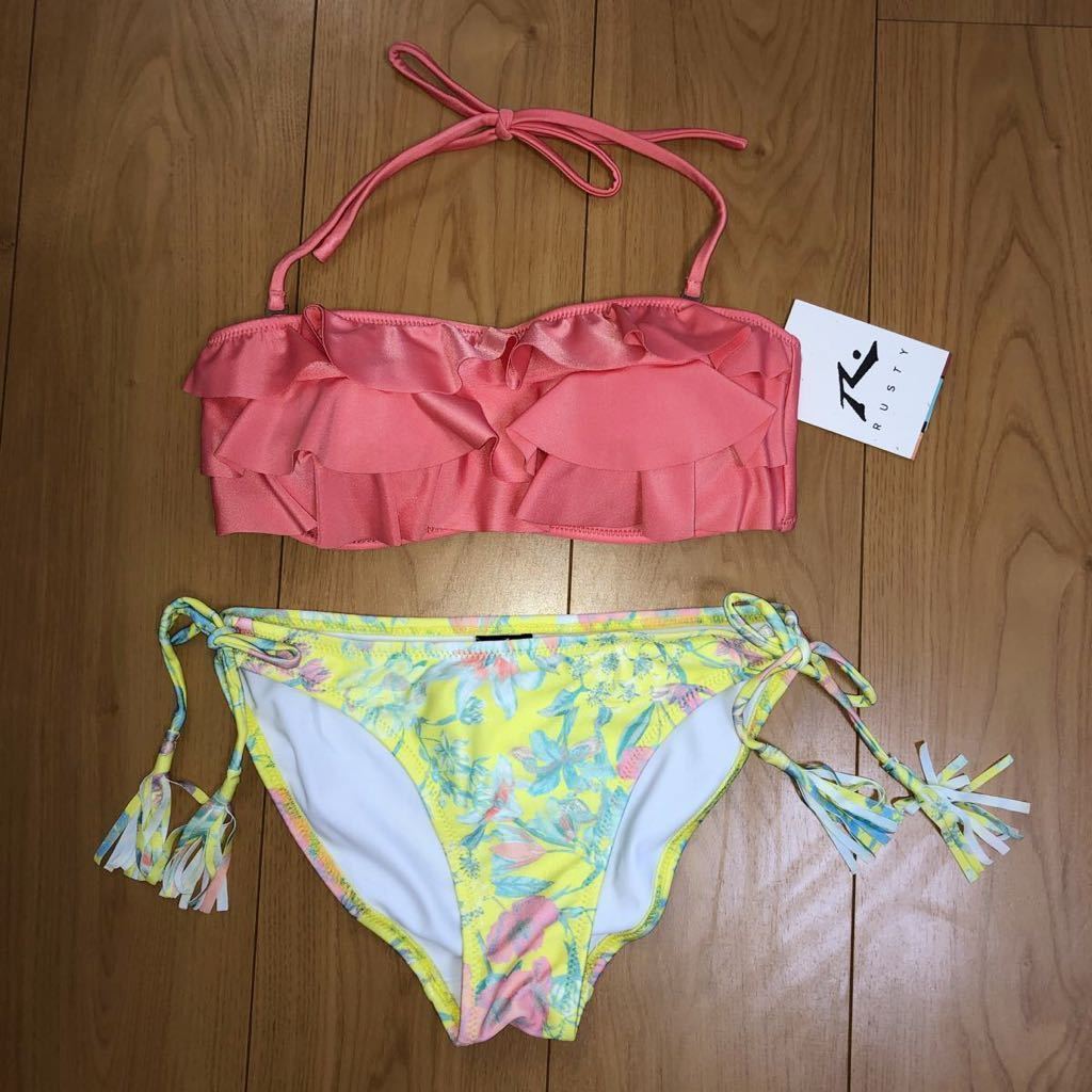  new goods 5980 jpy. . goods! RUSTYla stay . origin frill floral print bikini 11L swimsuit top and bottom set pink color 