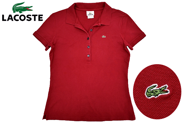 Y-2416★送料無料★美品★LACOSTE ラコステ★ワニロゴ刺繍 レッド赤色 ストレッチ素材 鹿の子 半袖 ポロシャツ 42_画像1