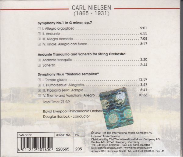 [CD/Scandinavian Classics]ニールセン:交響曲第1番ト短調Op.7&交響曲第6番他/D.ボストック&ロイヤル・リヴァプールPO_画像2