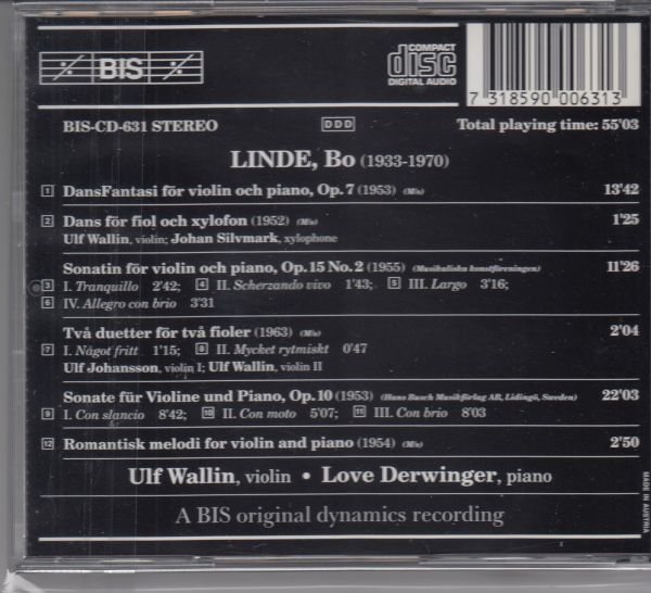 [CD/Bis]ボー・リンデ(1933-1970):舞踏幻想曲Op.7&ヴァイオリン・ソナタOp.10他/U.ヴァリーン(vn)&L.デルヴィンイェル(p)_画像2