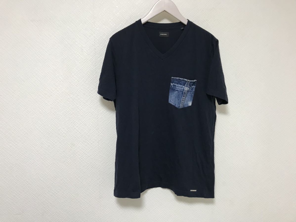 本物ディーゼルDIESELコットンVネックデニムポケット半袖Tシャツ旅行トラベルメンズMサーフ紺ネイビー_画像1