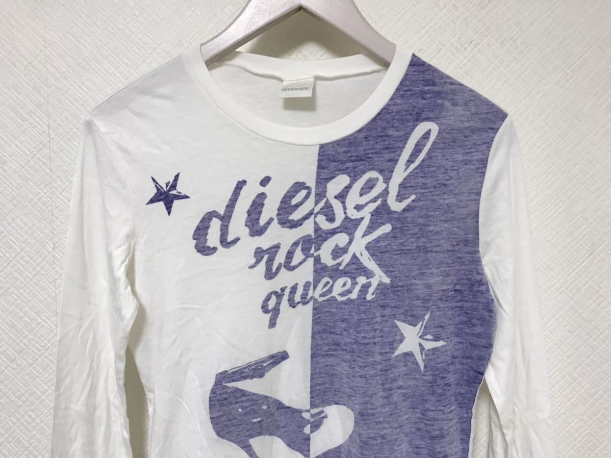 美品本物ディーゼルDIESELコットンロゴプリント長袖ロングTシャツ旅行トラベルレディースXXLサーフ青ブルー白ホワイト_画像2