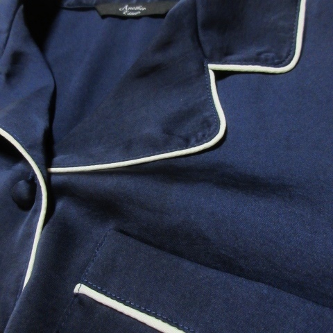 Anather Edition パイピングシャツ 半袖 サテン とろみ感 薄手 紺 ネイビー 210702CK5A_画像5