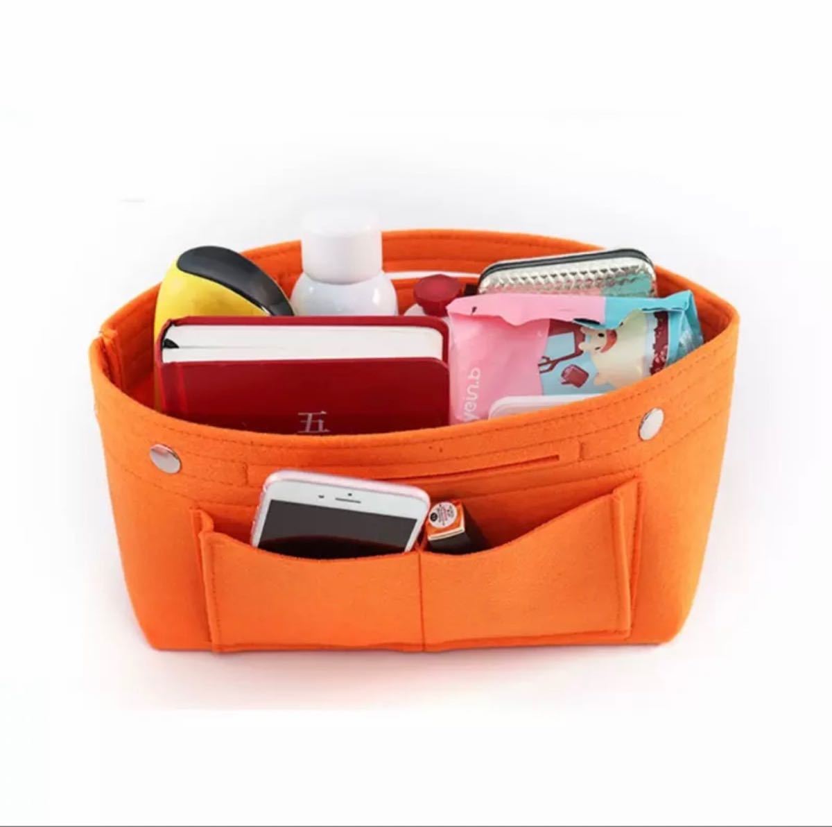 フェルト製 バッグインバッグ オレンジ　収納 整理 ポケット トートバッグ 軽量 大容量 インナーバッグ ポーチ 収納バッグ
