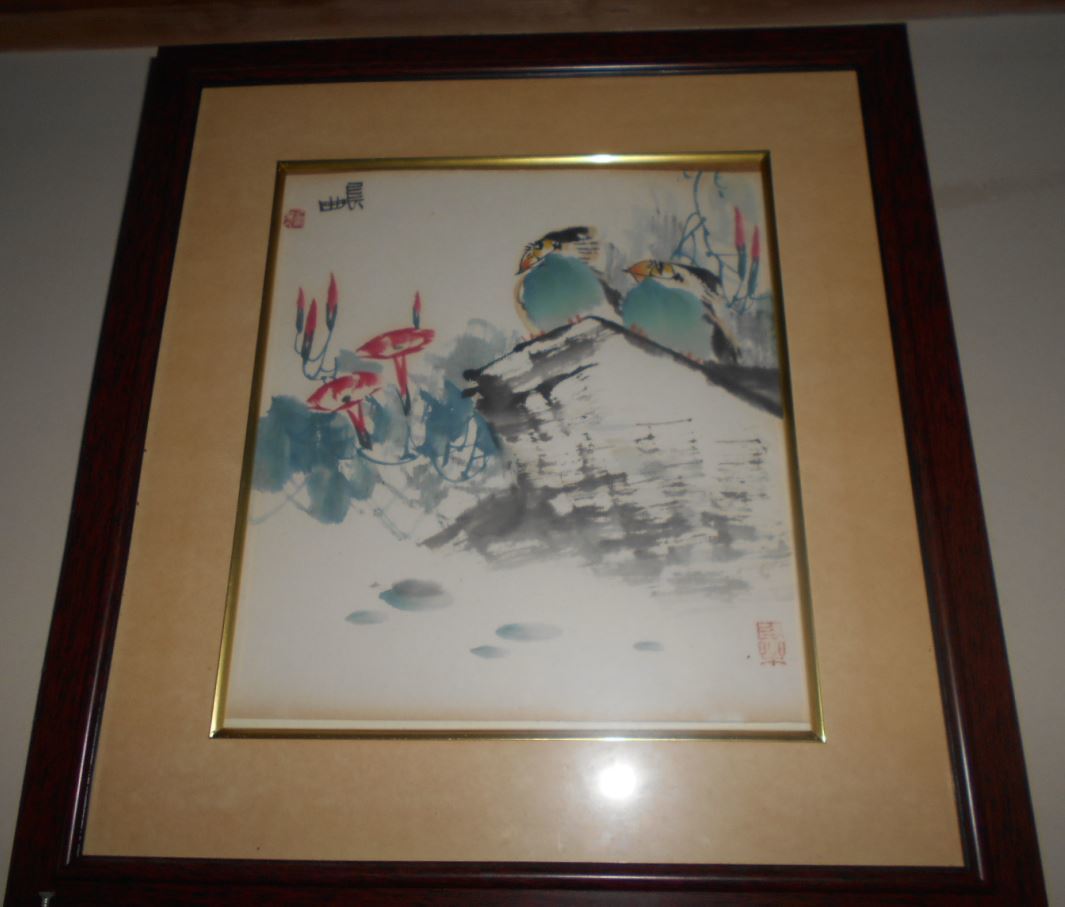 水墨画 小鳥 手描き 中国美術品 時代物 中華風 年代不詳 作者不明 中国絵画 舶来品 和風木枠 希少品