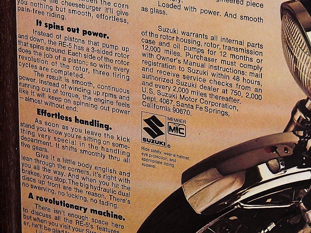 1975年 USA 70s vintage 洋書雑誌広告 額装品 SUZUKI RE-5 スズキ/ 検索用 ガレージ 店舗 看板 装飾 サイン (A3size A3サイズ)_画像4