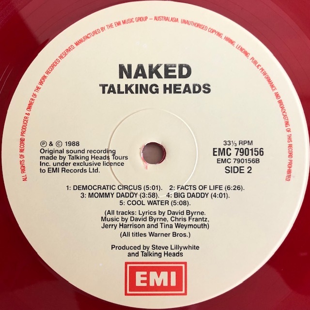 LP■NEW WAVE/TALKING HEADS/NAKED/EMI EMC 790156/88年ORIG LIMITED EDITION AUSTRALIA ONLY RED COLOR VINYL/赤カラー盤 美品/ULTRA RARE_画像7