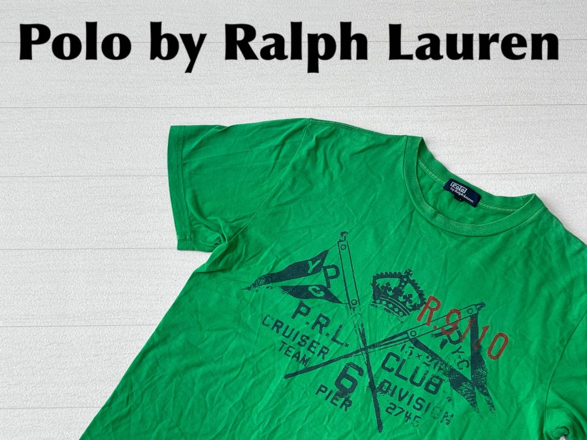 ☆送料無料☆ Polo by Ralph Lauren ポロ ラルフローレン 古着 半袖 プリント Tシャツ メンズ 170 グリーン トップス 中古 即決_画像1